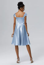 A-line Off the Shoulder Knee Length Cap Sleeves Prom Dresses Chic Ruching Petite Homecoming Dresses With Sleeves