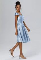 A-line Off the Shoulder Knee Length Cap Sleeves Prom Dresses Chic Ruching Petite Homecoming Dresses With Sleeves