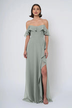 A-line Off the Shoulder Scoop Neck With Ruffle Sleeve Slit Trendy Floor Length Ball Gowns Backless Beautiful Floor Length Prom Dresses
