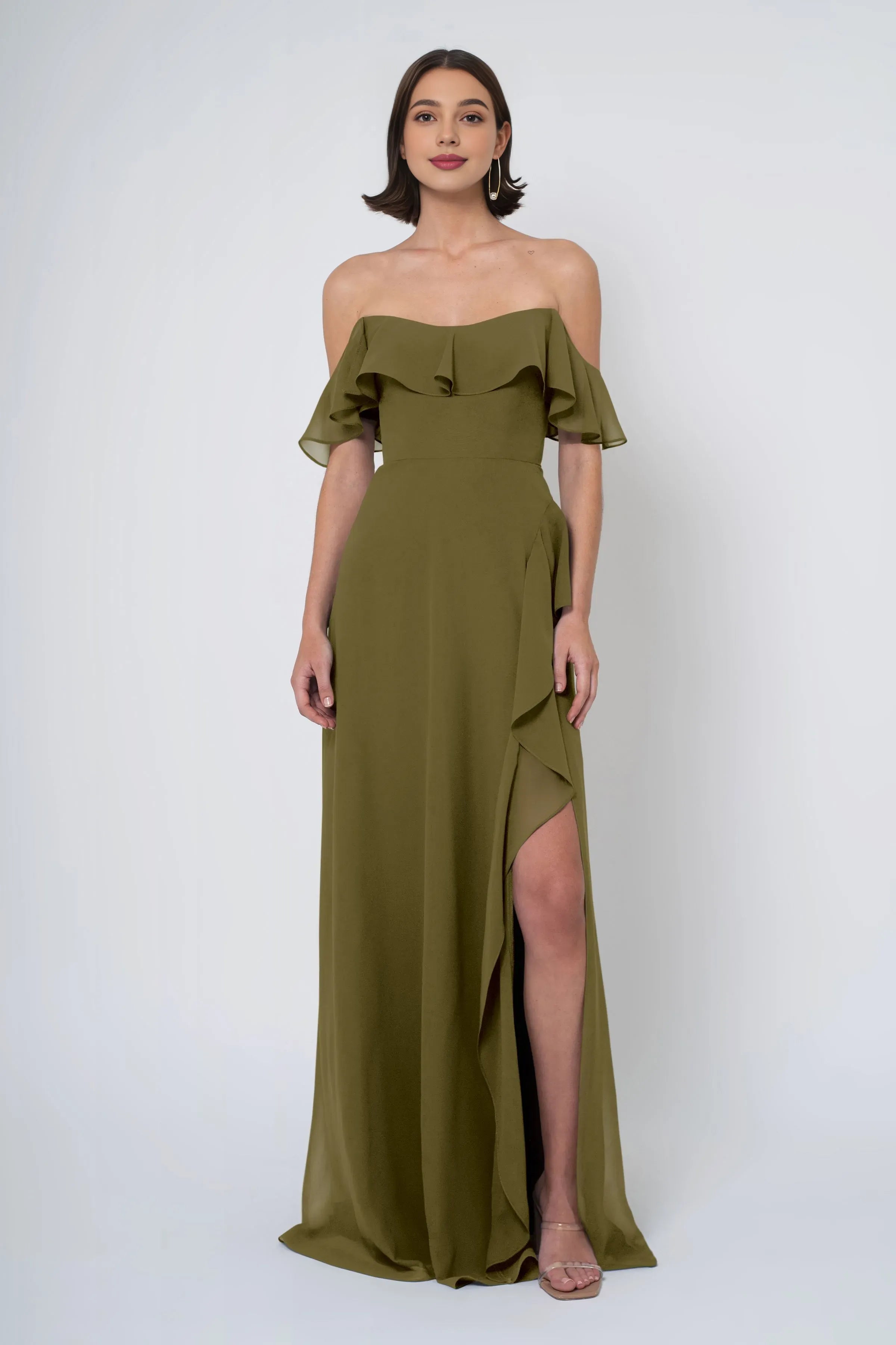 A-line Off the Shoulder Scoop Neck With Ruffle Sleeve Slit Trendy Floor Length Ball Gowns Backless Beautiful Floor Length Prom Dresses