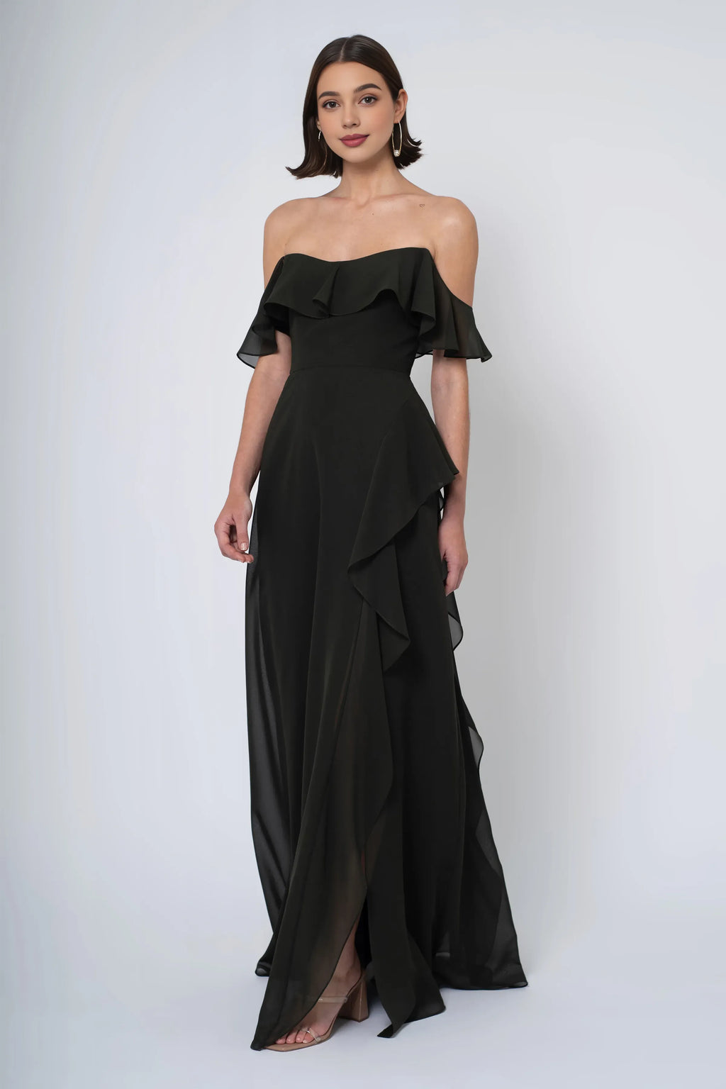 A-line Off the Shoulder Scoop Neck With Ruffle Sleeve Slit Trendy Floor Length Ball Gowns Backless Beautiful Floor Length Prom Dresses