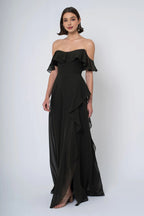 A-line Off the Shoulder Scoop Neck With Ruffle Sleeve Slit Trendy Floor Length Ball Gowns Backless Beautiful Floor Length Prom Dresses