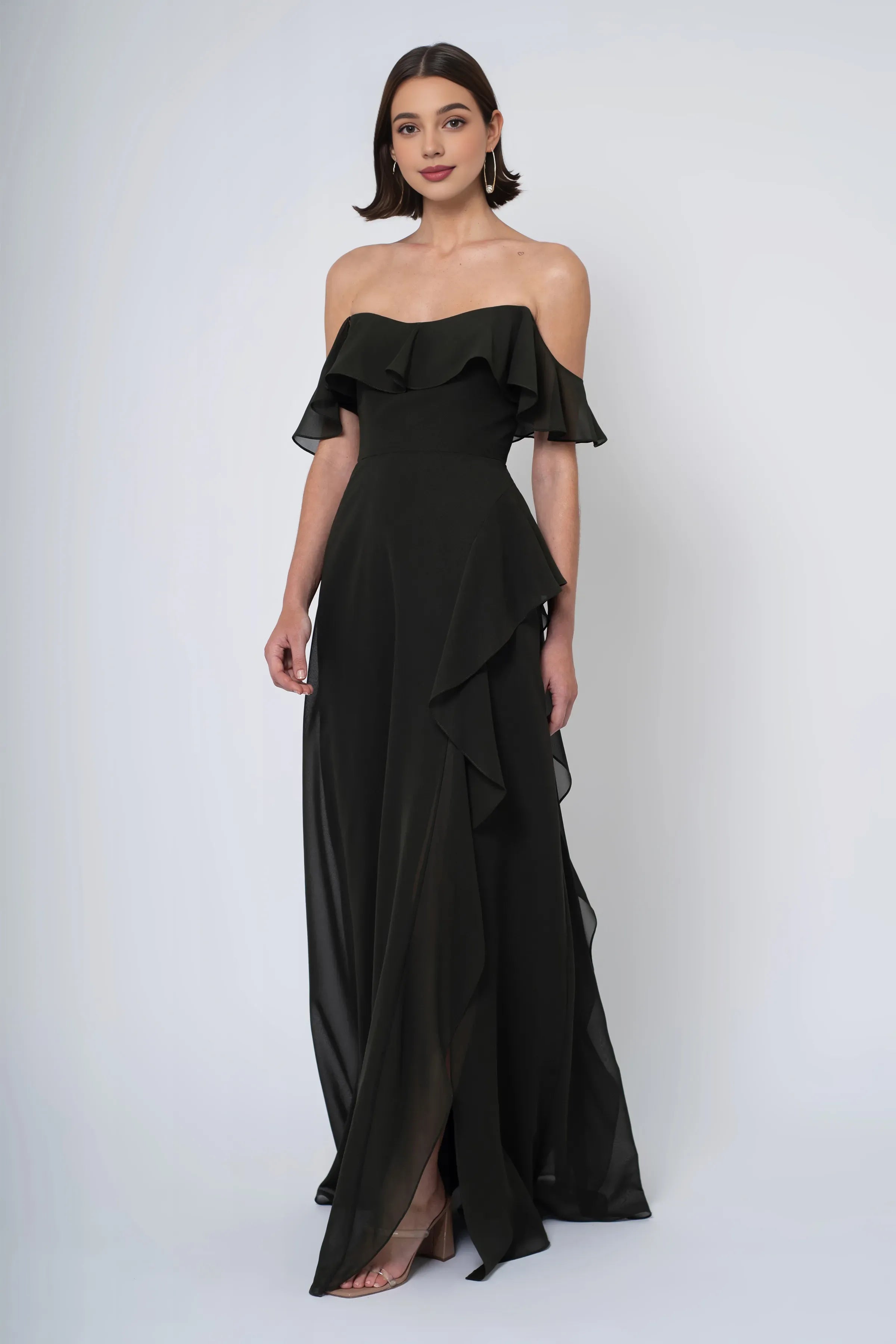 A-line Off the Shoulder Scoop Neck With Ruffle Sleeve Slit Trendy Floor Length Ball Gowns Backless Beautiful Floor Length Prom Dresses