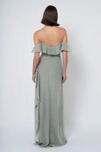 A-line Off the Shoulder Scoop Neck With Ruffle Sleeve Slit Trendy Floor Length Ball Gowns Backless Beautiful Floor Length Prom Dresses