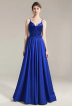 A-line Spaghetti Straps Floor Length Prom Dresses Sleeveless Appliques Off the Shoulder Cheap V Neck Long Gowns