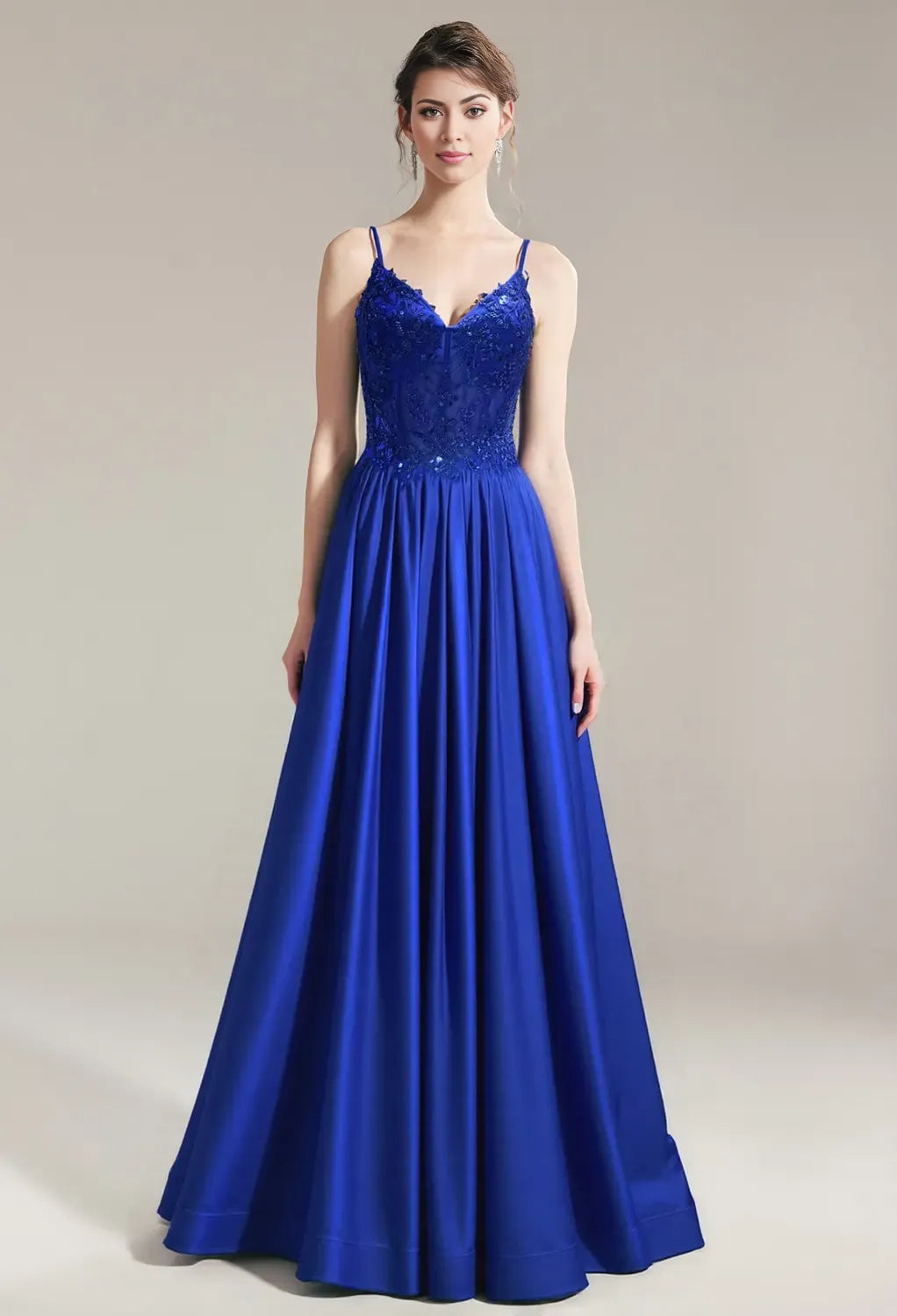 A-line Spaghetti Straps Floor Length Prom Dresses Sleeveless Appliques Off the Shoulder Cheap V Neck Long Gowns