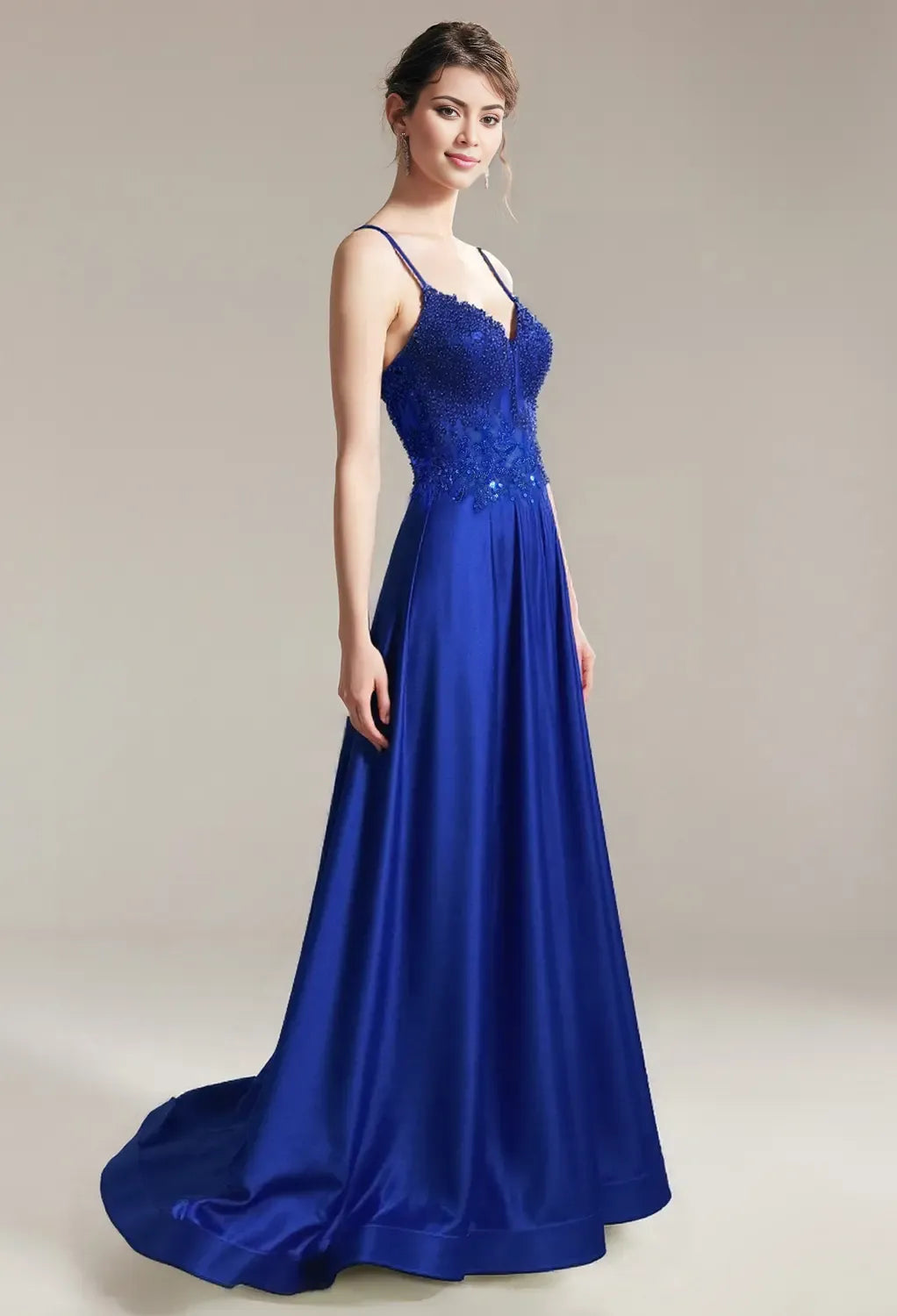 A-line Spaghetti Straps Floor Length Prom Dresses Sleeveless Appliques Off the Shoulder Cheap V Neck Long Gowns