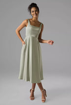 A-line Square-Neck Tea Length Sleeveless Prom Dresses Beautiful No Slit Affordable Evening Dresses