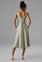 A-line Square-Neck Tea Length Sleeveless Prom Dresses Beautiful No Slit Affordable Evening Dresses