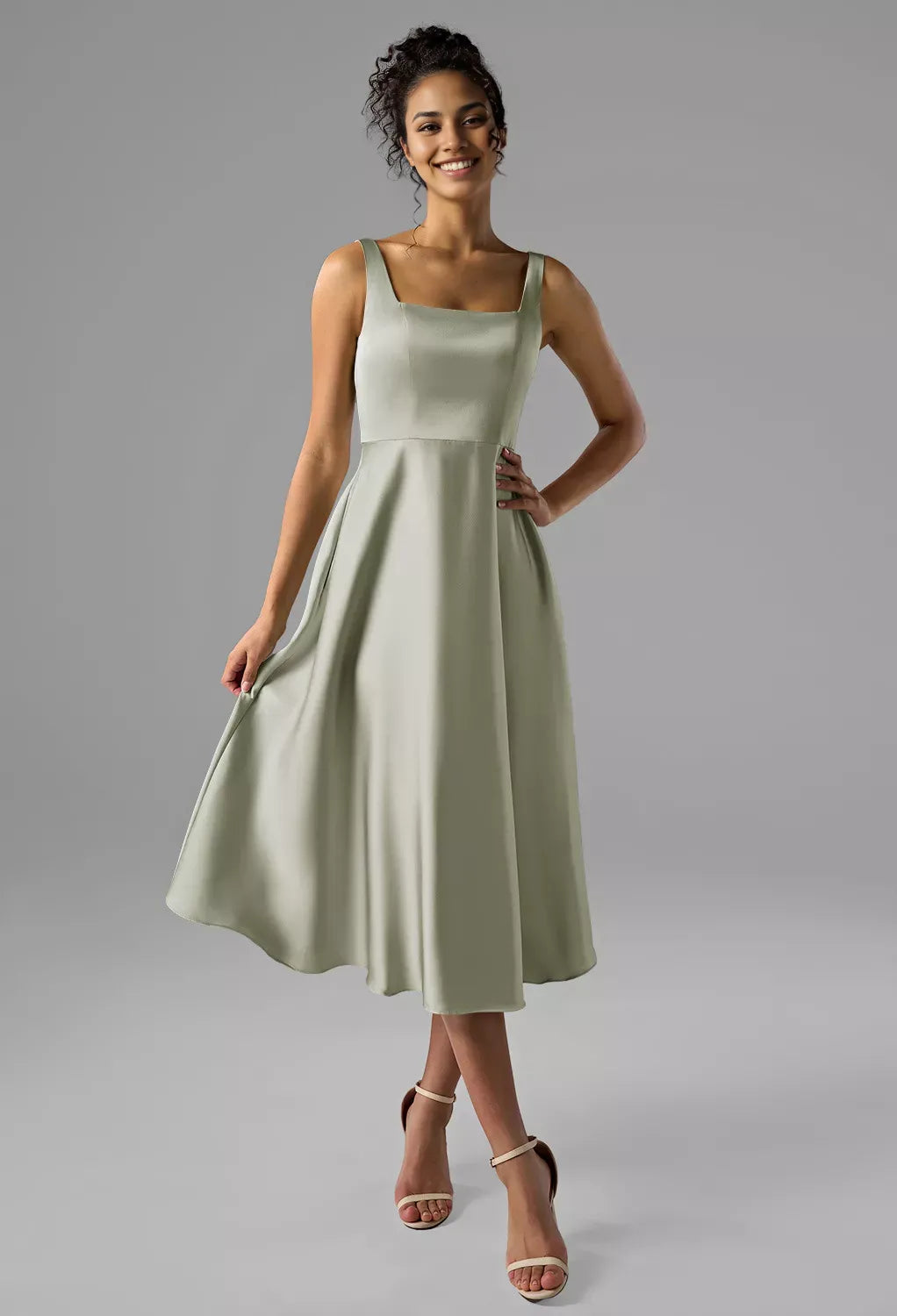 A-line Square-Neck Tea Length Sleeveless Prom Dresses Beautiful No Slit Affordable Evening Dresses