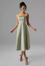 A-line Square-Neck Tea Length Sleeveless Prom Dresses Beautiful No Slit Affordable Evening Dresses