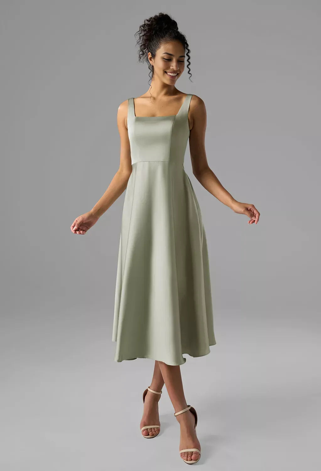 A-line Square-Neck Tea Length Sleeveless Prom Dresses Beautiful No Slit Affordable Evening Dresses