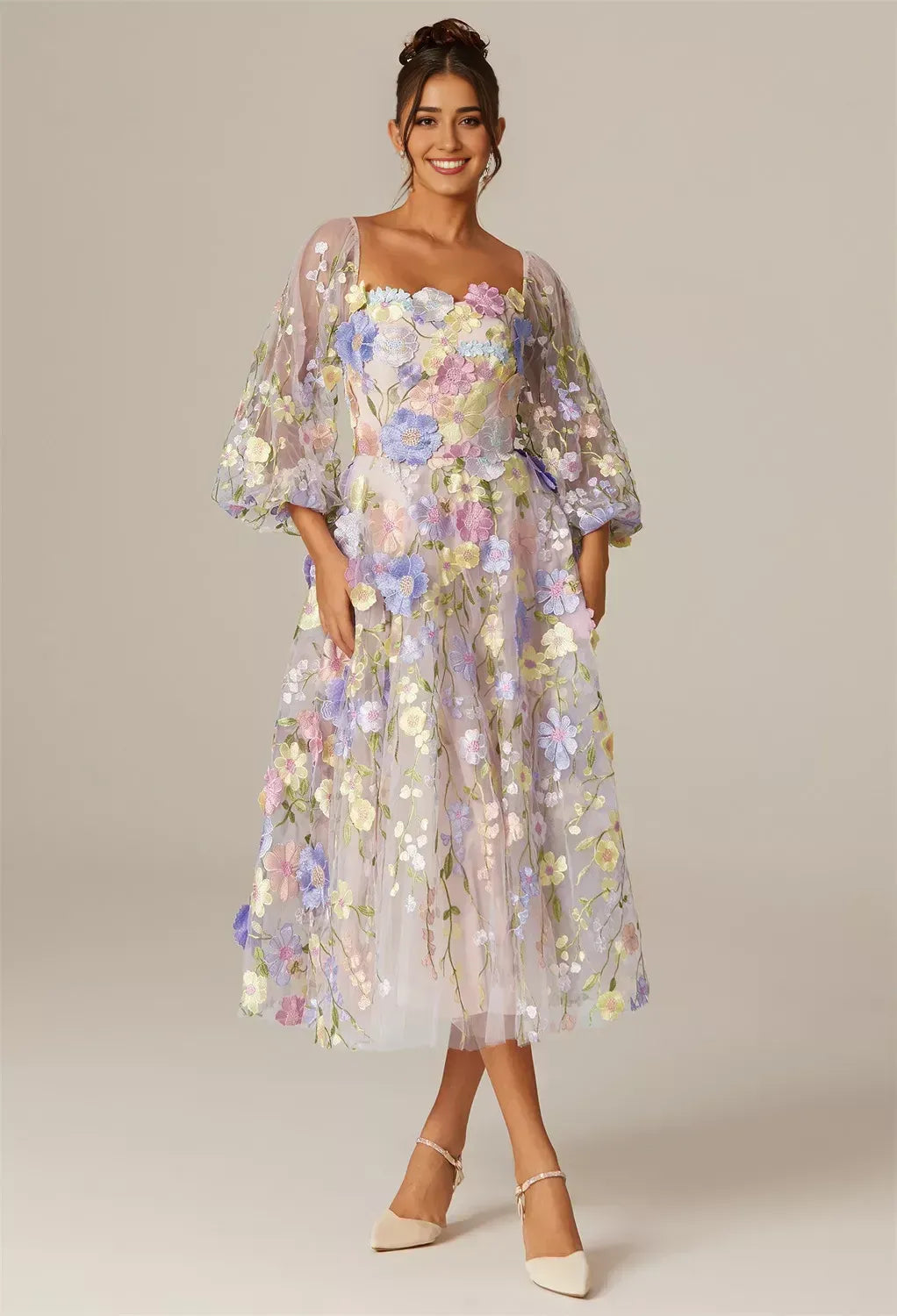 A-line Straight Neckline Elegant Tea Length Prom Dress 3D Floral Embroidered Puff Sleeves Pretty Long Sleeve Gowns