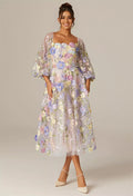 A-line Straight Neckline Elegant Tea Length Prom Dress 3D Floral Embroidered Puff Sleeves Pretty Long Sleeve Gowns
