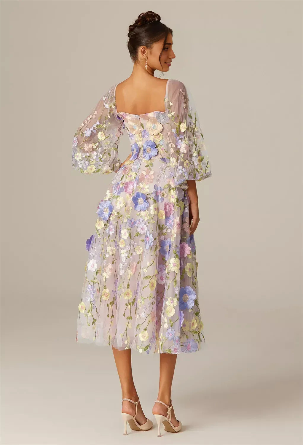 A-line Straight Neckline Elegant Tea Length Prom Dress 3D Floral Embroidered Puff Sleeves Pretty Long Sleeve Gowns