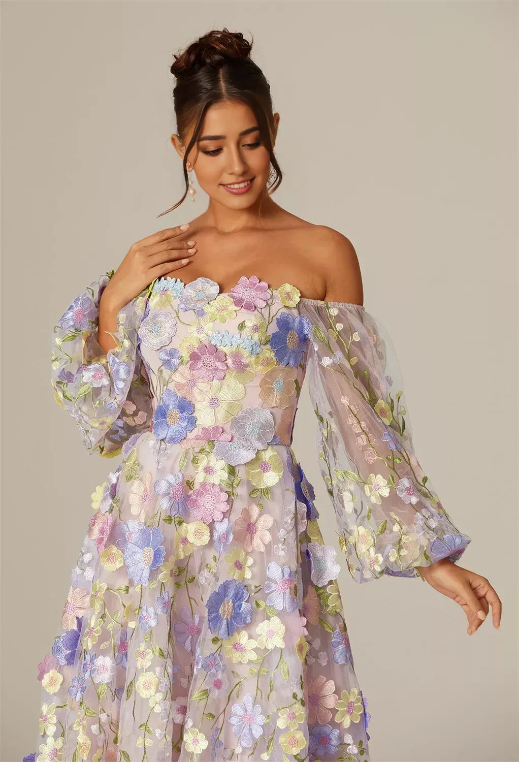 A-line Straight Neckline Elegant Tea Length Prom Dress 3D Floral Embroidered Puff Sleeves Pretty Long Sleeve Gowns