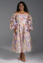 A-line Straight Neckline Elegant Tea Length Prom Dress 3D Floral Embroidered Puff Sleeves Pretty Long Sleeve Gowns