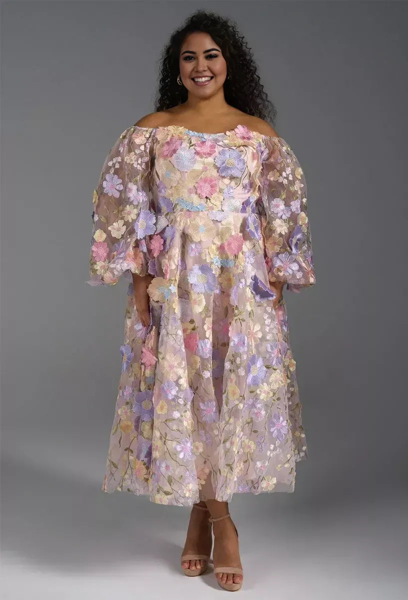 A-line Straight Neckline Elegant Tea Length Prom Dress 3D Floral Embroidered Puff Sleeves Pretty Long Sleeve Gowns