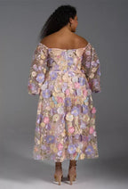 A-line Straight Neckline Elegant Tea Length Prom Dress 3D Floral Embroidered Puff Sleeves Pretty Long Sleeve Gowns