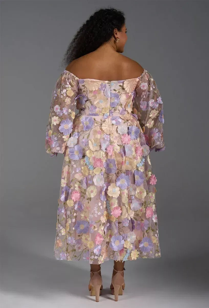 A-line Straight Neckline Elegant Tea Length Prom Dress 3D Floral Embroidered Puff Sleeves Pretty Long Sleeve Gowns
