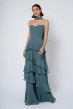A-line Strapless Cowl Neck Ruffle Tiered Discount Floor Length Prom Dresses Custom Off the Shoulder Evening Dresses