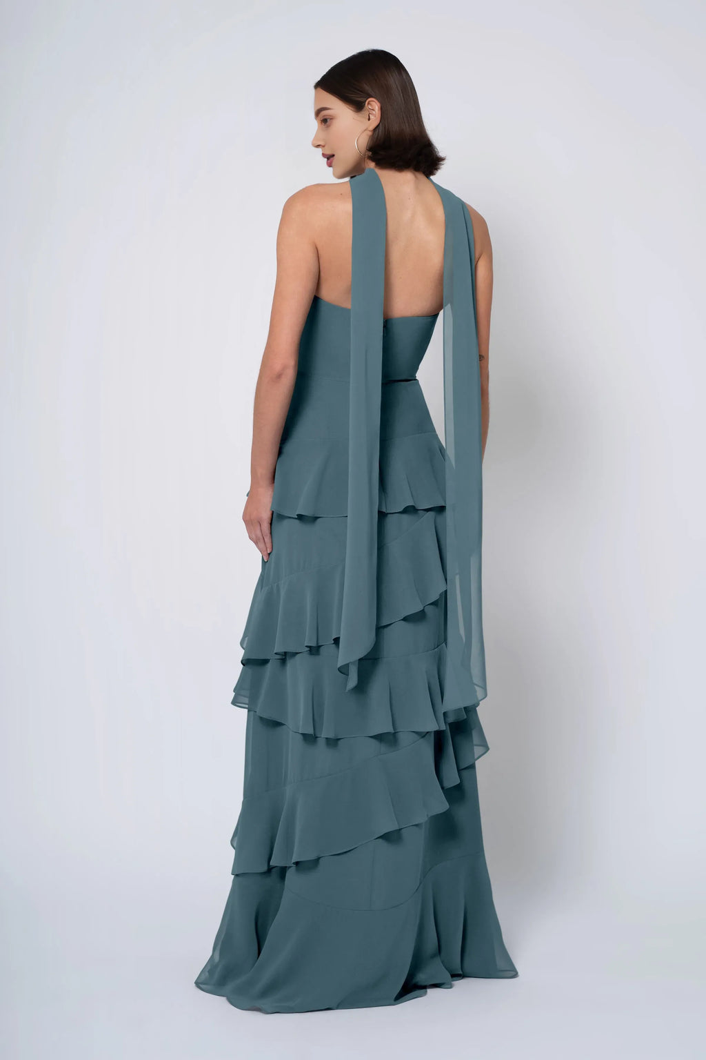 A-line Strapless Cowl Neck Ruffle Tiered Discount Floor Length Prom Dresses Custom Off the Shoulder Evening Dresses