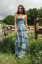 A-line Strapless Cowl Neck Ruffle Tiered Discount Floor Length Prom Dresses Custom Off the Shoulder Evening Dresses