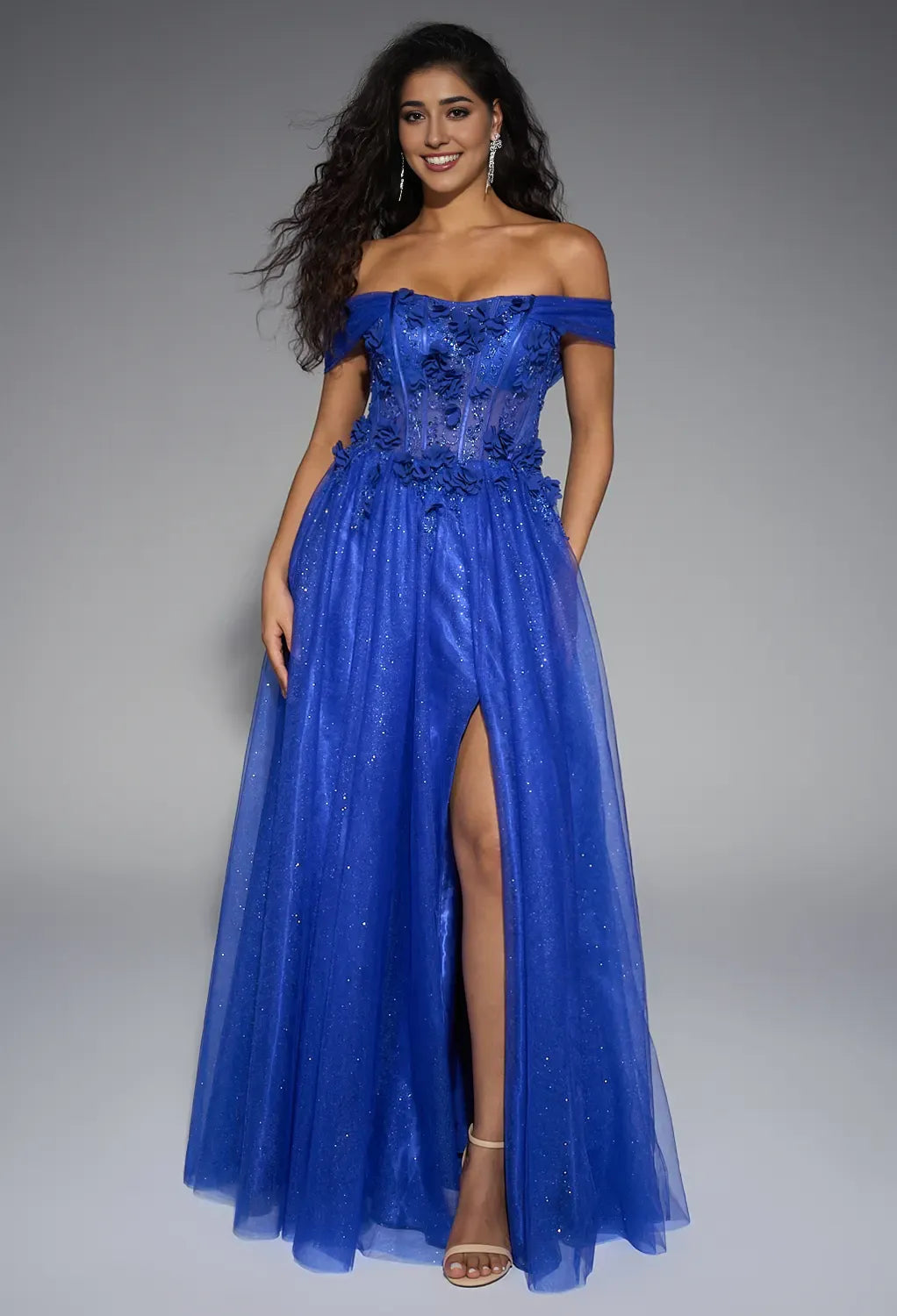 Blue A-line Sweetheart Neckline Off the Shoulder Floor Length Prom Dresses Sleeveless Corset Cheap Royal Ball Gowns