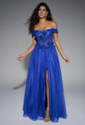 Blue A-line Sweetheart Neckline Off the Shoulder Floor Length Prom Dresses Sleeveless Corset Cheap Royal Ball Gowns