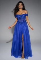 Blue A-line Sweetheart Neckline Off the Shoulder Floor Length Prom Dresses Sleeveless Corset Cheap Royal Ball Gowns