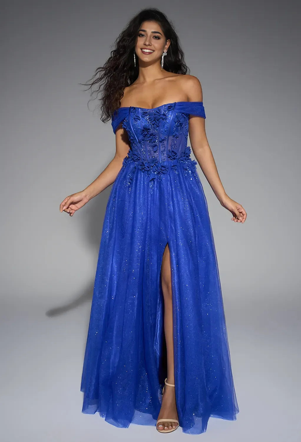 Blue A-line Sweetheart Neckline Off the Shoulder Floor Length Prom Dresses Sleeveless Corset Cheap Royal Ball Gowns