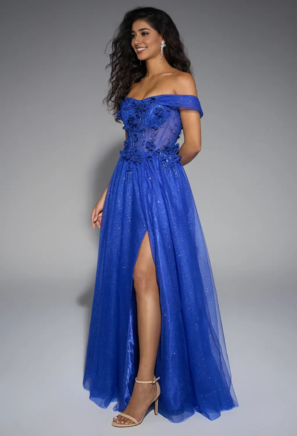Blue A-line Sweetheart Neckline Off the Shoulder Floor Length Prom Dresses Sleeveless Corset Cheap Royal Ball Gowns
