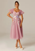 Steaming A-line Sweetheart Neckline Tea Length Flutter Sleeve Prom Dresses Affordable A-Line Evening Dresses