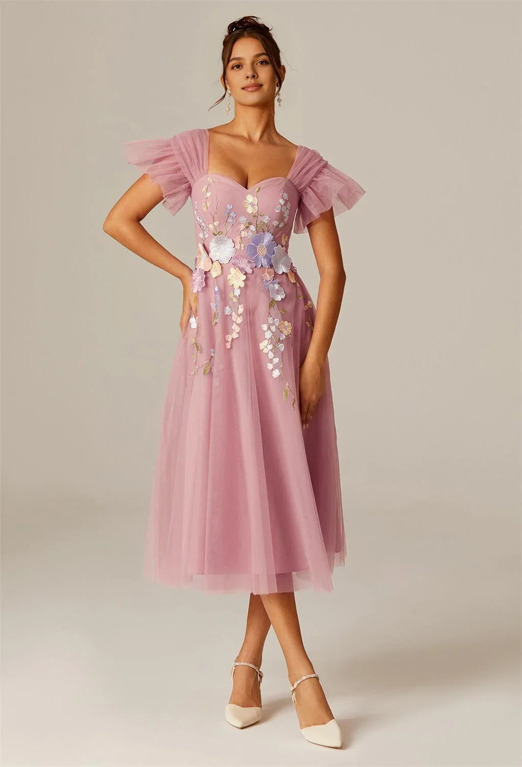 Steaming A-line Sweetheart Neckline Tea Length Flutter Sleeve Prom Dresses Affordable A-Line Evening Dresses
