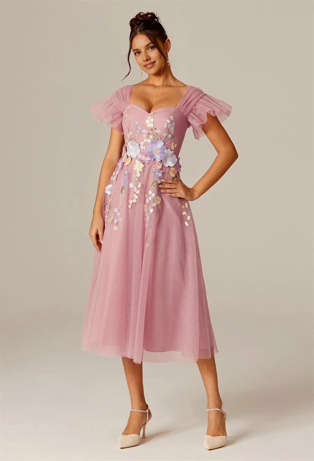 Steaming A-line Sweetheart Neckline Tea Length Flutter Sleeve Prom Dresses Affordable A-Line Evening Dresses