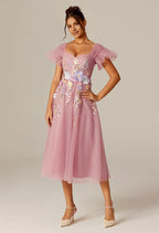 Steaming A-line Sweetheart Neckline Tea Length Flutter Sleeve Prom Dresses Affordable A-Line Evening Dresses