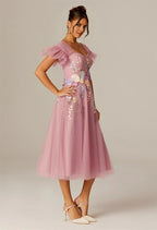 Steaming A-line Sweetheart Neckline Tea Length Flutter Sleeve Prom Dresses Affordable A-Line Evening Dresses