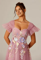 Steaming A-line Sweetheart Neckline Tea Length Flutter Sleeve Prom Dresses Affordable A-Line Evening Dresses