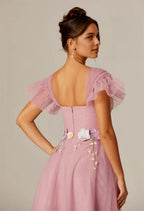 Steaming A-line Sweetheart Neckline Tea Length Flutter Sleeve Prom Dresses Affordable A-Line Evening Dresses