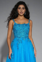 A-line U-Neck Spaghetti Straps Floor Length Prom Dresses Sleeveless Applique Hot Sale Long Evening Dresses