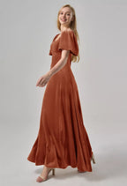 A-line V-Neck Ankle Length Short Sleeves Prom Dresses Chic Ruching With Sleeves Evening Dresses