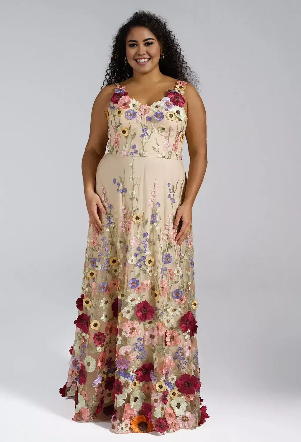 A-line V-Neck Elegant Floor Length Prom Dress 3D Floral Embroidered Sleeveless Hot Sale Long Evening Dresses