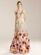 A-line V-Neck Elegant Floor Length Prom Dress 3D Floral Embroidered Sleeveless Hot Sale Long Evening Dresses