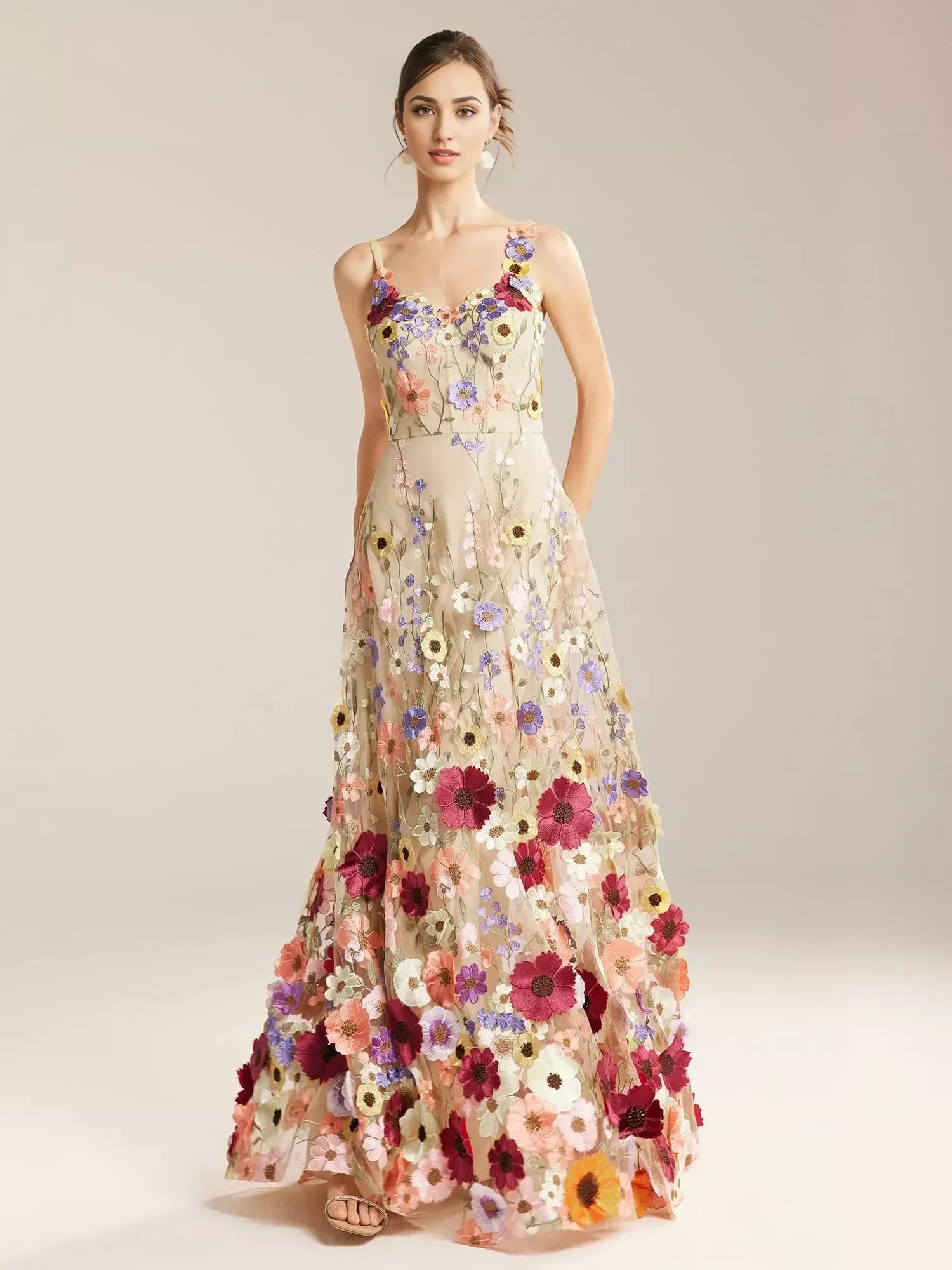 A-line V-Neck Elegant Floor Length Prom Dress 3D Floral Embroidered Sleeveless Hot Sale Long Evening Dresses