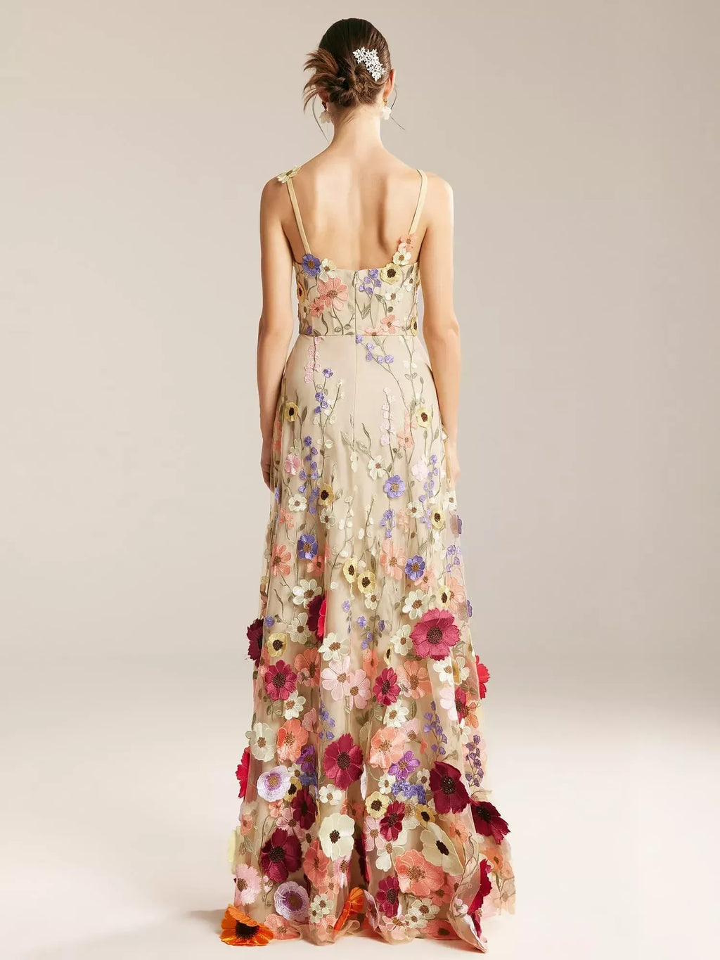 A-line V-Neck Elegant Floor Length Prom Dress 3D Floral Embroidered Sleeveless Hot Sale Long Evening Dresses