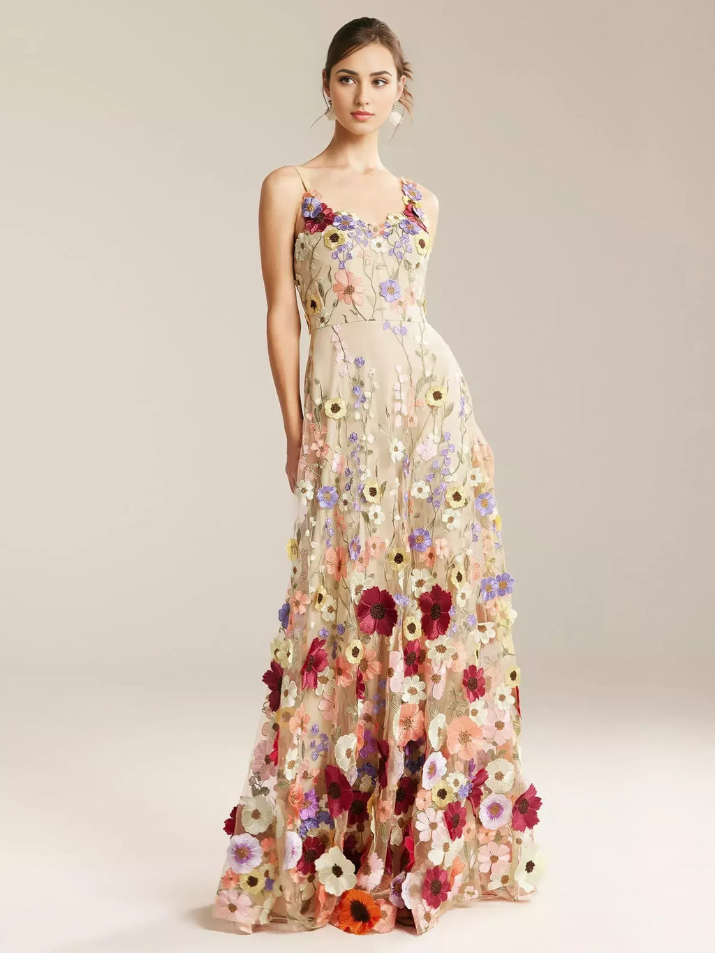 A-line V-Neck Elegant Floor Length Prom Dress 3D Floral Embroidered Sleeveless Hot Sale Long Evening Dresses