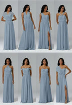 A-line V-Neck Floor Length Short Sleeves Prom Dresses Sleeveless Strapless Cheap Bridesmaid Dresses With Slit