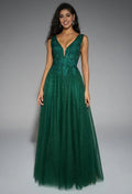 A-line V-Neck Regular Straps Floor Length Prom Dresses Sleeveless Applique Affordable Evening Dresses