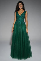 A-line V-Neck Regular Straps Floor Length Prom Dresses Sleeveless Applique Affordable Evening Dresses