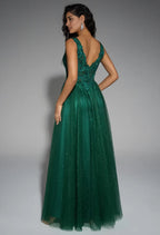 A-line V-Neck Regular Straps Floor Length Prom Dresses Sleeveless Applique Affordable Evening Dresses